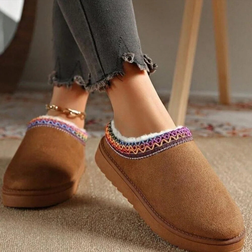 Women's Slides Faux Fur Retro Platform Boots Slippers Shoe Cotton Warm